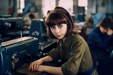 Generative AI illustration of A young woman works with bangs at a garments factory among machine tools sewing clothes. fashion conceptの素材