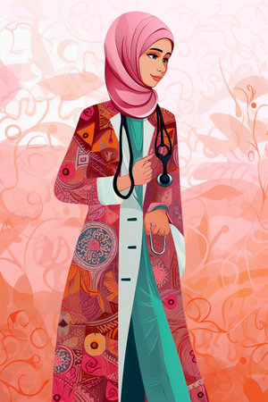 Generative AI illustration of Young Muslim woman doctor with hijab, stethoscope and work uniform working in a hospital. Working woman conceptの素材