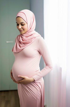 Generative AI illustration of Pregnant Muslim young woman in hospital room. Dressed in hijab and typical Muslim clothingの素材