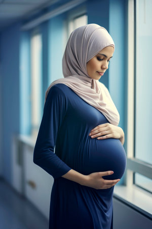 Generative AI illustration of Pregnant Muslim young woman in hospital room. Dressed in hijab and typical Muslim clothingの素材