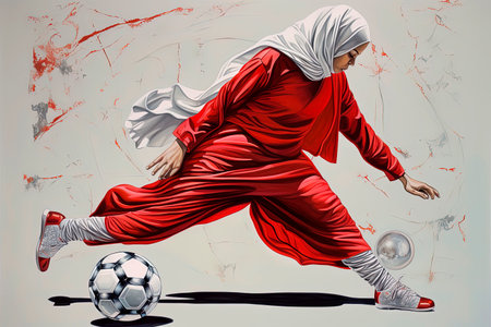 Generative AI illustration of young Arab girls dressed in djellaba and hijab playing soccer. female sport conceptの素材