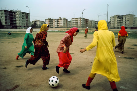 Generative AI illustration of young Arab girls dressed in djellaba and hijab playing soccer. female sport conceptの素材