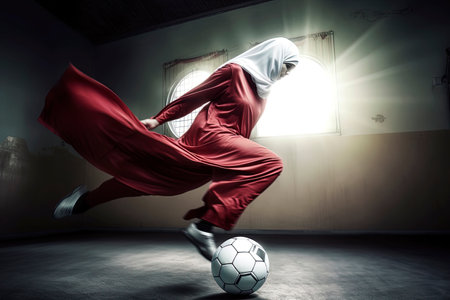 Generative AI illustration of young Arab girls dressed in djellaba and hijab playing soccer. female sport conceptの素材