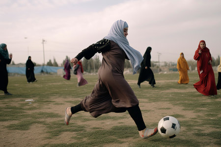 Generative AI illustration of young Arab girls dressed in djellaba and hijab playing soccer. female sport conceptの素材