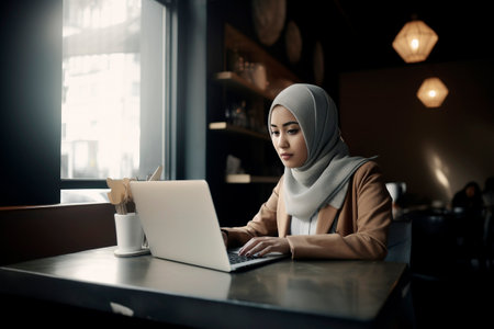 Generative AI illustration of Muslim young woman in hijab working in an office with a computer. Working woman conceptの素材