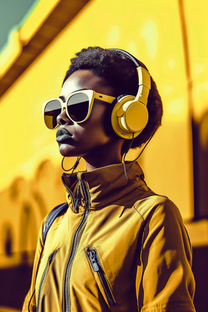 Generative AI illustration of Beautiful young black girl with afro hair listening to music on headphones on yellow backgroundの素材