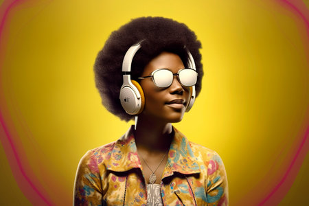 Generative AI illustration of Beautiful young black girl with afro hair listening to music on headphones on yellow backgroundの素材