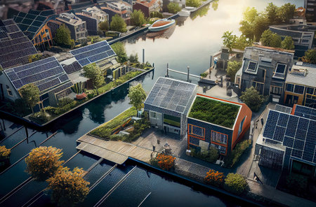 Generative AI illustration of Spectacular eco-futuristic cityscape full with greenery, skyscrapers, parks, and other manmade green spaces in urban area with solar panels. sustainable city conceptの素材