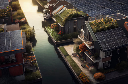 Generative AI illustration of Spectacular eco-futuristic cityscape full with greenery, skyscrapers, parks, and other manmade green spaces in urban area with solar panels. sustainable city conceptの素材