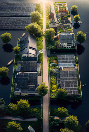 Generative AI illustration of Spectacular eco-futuristic cityscape full with greenery, skyscrapers, parks, and other manmade green spaces in urban area with solar panels. sustainable city conceptの素材