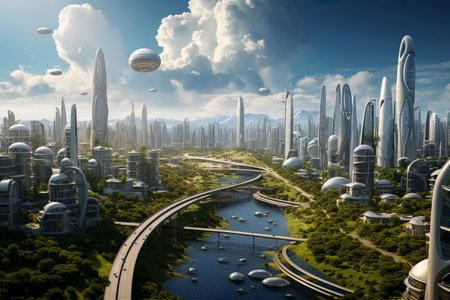 Generative AI illustration of rendering of a city of the future. city is sustainable and efficient. The buildings are interconnected by a network of green spaces, and the city is powered by renewable energy.の素材