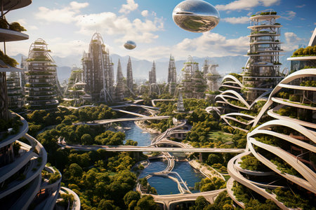 Generative AI illustration of rendering of a city of the future. city is sustainable and efficient. The buildings are interconnected by a network of green spaces, and the city is powered by renewable energy.の素材
