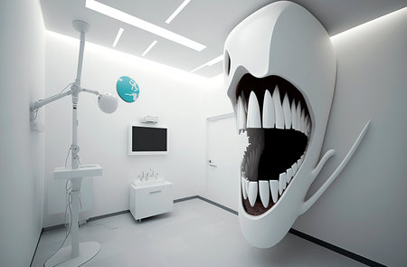 Generative AI illustration of modern and futuristic dental clinic with all technical advances.Dental care conceptの素材