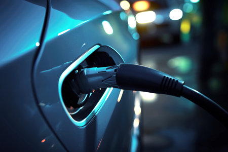 Generative AI illustration of electric car charging the battery. Renewable energyの素材