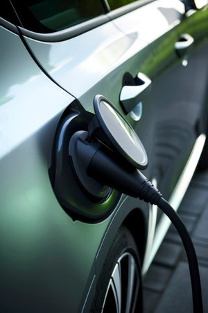 Generative AI illustration of electric car charging the battery. Renewable energyの素材