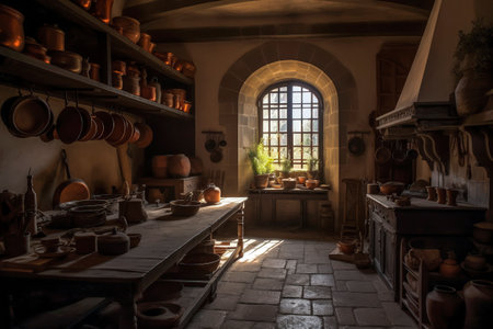 Generative AI illustration of Old Kitchen with dark wood cabinets and sunbeams coming through the window full of hanging copper pans.Home conceptの素材