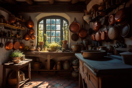 Generative AI illustration of Old Kitchen with dark wood cabinets and sunbeams coming through the window full of hanging copper pans.Home conceptの素材
