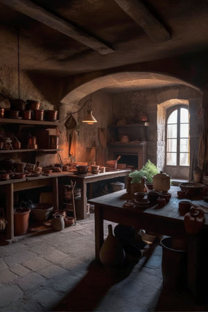 Generative AI illustration of Old Kitchen with dark wood cabinets and sunbeams coming through the window full of hanging copper pans.Home conceptの素材