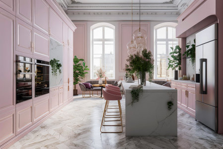 Generative AI illustration of Luxury Kitchen with center island and bar stools and pastel kitchen furniture and high quality appliances with natural light. luxury home conceptの素材