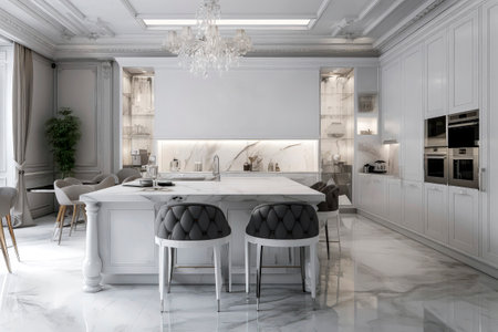 Generative AI illustration of Luxury Kitchen with center island and bar stools and pastel kitchen furniture and high quality appliances with natural light. luxury home conceptの素材