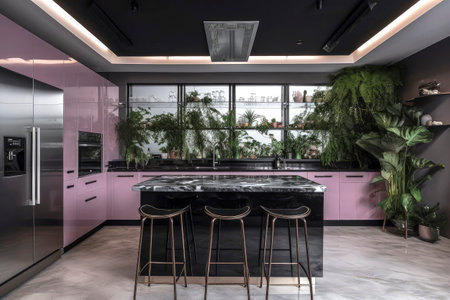 Generative AI illustration of Luxury Kitchen with center island and bar stools and pastel kitchen furniture and high quality appliances with natural light. luxury home conceptの素材