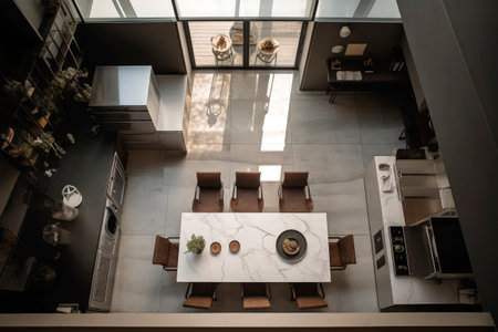 Generative AI illustration of kitchen open loft living space with large spiral stairs and vintage reclaimed natural wood furniture. recycle conceptの素材