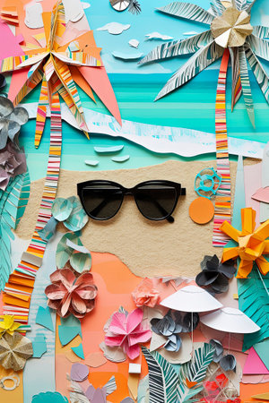 Generative AI illustration of Cool trendy collage of summer in the beach handmade on scrapbook paper with vibrant colors. Holiday conceptの素材