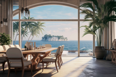 Generative AI illustration of dining room with luxury table and chairs overlooking the ocean with natural light. luxury architecture conceptの素材