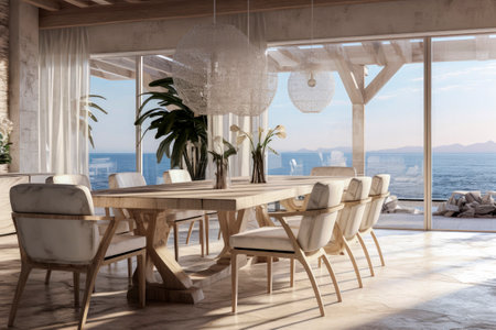 Generative AI illustration of dining room with luxury table and chairs overlooking the ocean with natural light. luxury architecture conceptの素材