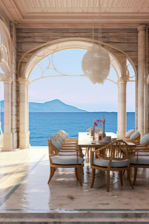 Generative AI illustration of dining room with luxury table and chairs overlooking the ocean with natural light. luxury architecture conceptの素材