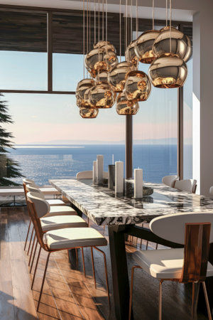 Generative AI illustration of dining room with luxury table and chairs overlooking the ocean with natural light. luxury architecture conceptの素材