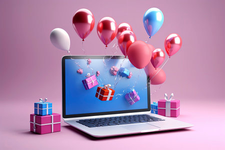 Generative AI illustration of Online shopping with gift box shopping bag. Secure online shopping concept. Vector style illustrationの素材