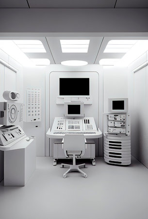 Generative AI illustration of futuristic and minimalist doctor's office all in white with patient diagnostic machinery. health conceptの素材