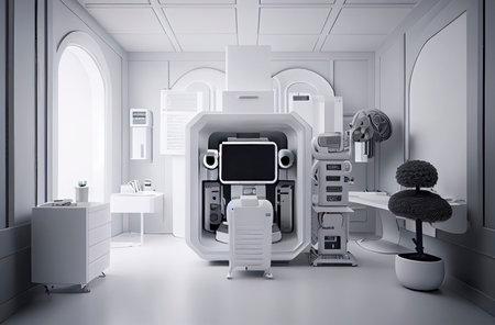 Generative AI illustration of futuristic and minimalist doctor's office all in white with patient diagnostic machinery. health conceptの素材