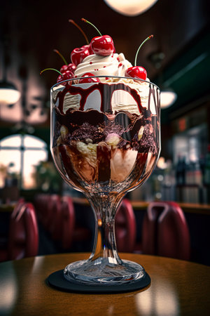 Generative AI illustration of Creamy and big Cup of ice cream with chocolate, vanilla and strawberries with topping on a bar table. summer conceptの素材
