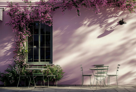 Generative AI illustration of beautiful and relaxing coffee shop classically decorated in pastel colors with chairs and tables outside. picturesque architectureの素材