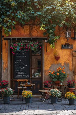 Generative AI illustration of beautiful and relaxing coffee shop classically decorated in pastel colors with chairs and tables outside. picturesque architectureの素材