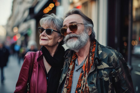 Generative Ai illustration of couple dressed in modern fashion and sunglasses posing for a portrait on the city streetsの素材