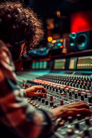 Generative AI illustration of Sound engineer hands operating a mixing console in a professional sound recording studioの素材