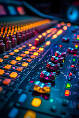 Generative AI illustration of Sound engineer hands operating a mixing console in a professional sound recording studioの素材