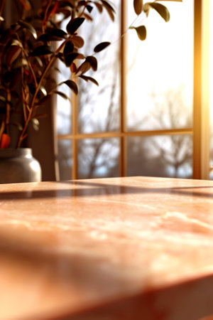 Generative AI illustration of colorful marble empty table top on blurred background mockup. Special image for advertising different productsの素材