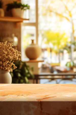 Generative AI illustration of colorful marble empty table top on blurred background mockup. Special image for advertising different productsの素材