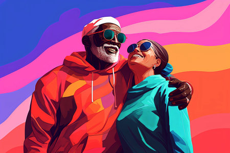Generative AI illustration of a couple of older people in love in bright colors pop art illustration style.Artworkの素材