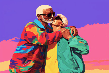 Generative AI illustration of a couple of older people in love in bright colors pop art illustration style.Artworkの素材
