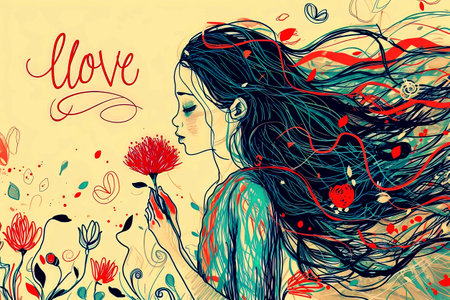 Generative AI background illustration of Love Picture Valentine's Day Poster Ink Painting Style.Love conceptの素材