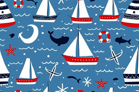 Generative AI illustration of background of nautical motifs such as boats, anchors, fish, rudders. Decorative wallpaper.Digital artの素材