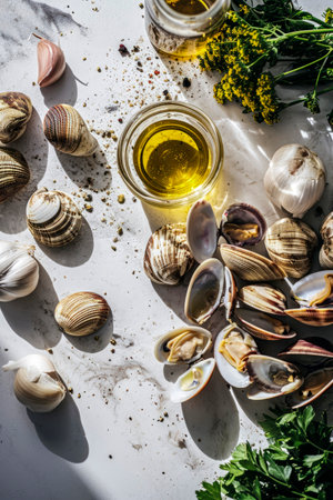 Generative AI of delicious clams with garlic, olive oil, parsley and cilantro.Seafoodの素材