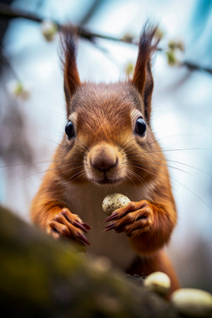 Generative AI illustration of funny squirrel in spring. wild lifeの素材