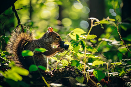 Generative AI illustration of squirrel taking photos in the forest with a camera. Anthropomorphic animalの素材