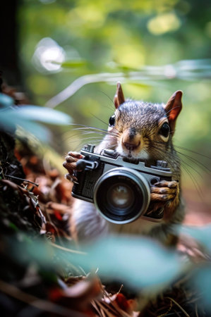 Generative AI illustration of squirrel taking photos in the forest with a camera. Anthropomorphic animalの素材